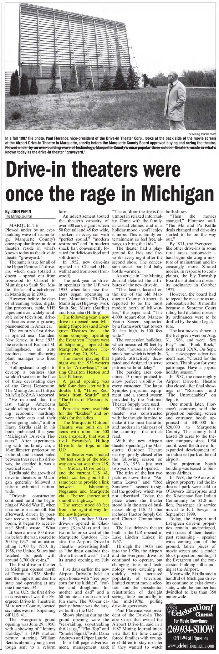 Marquette Outdoor Theatre - 2014 Article On Up Drive-Ins (newer photo)